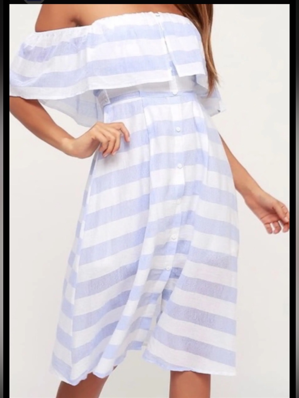 Lulu's Blue and White Striped Off-Shoulder Button-Front Dress